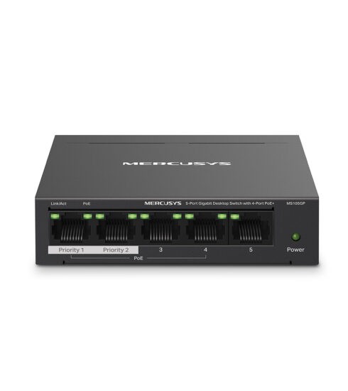 stolný gigabitový PoE+ prepínač Mercusys MS105GP